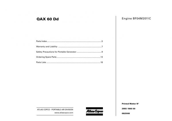 Atlas Copco Portable Generators QAX 60 Dd Parts List 2955 1560 00 2008