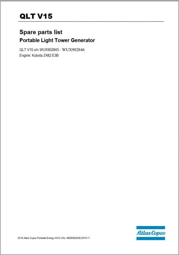 Atlas Copco Portable Light Tower Generator Spare QLT V15 Parts List 9829382200 2015