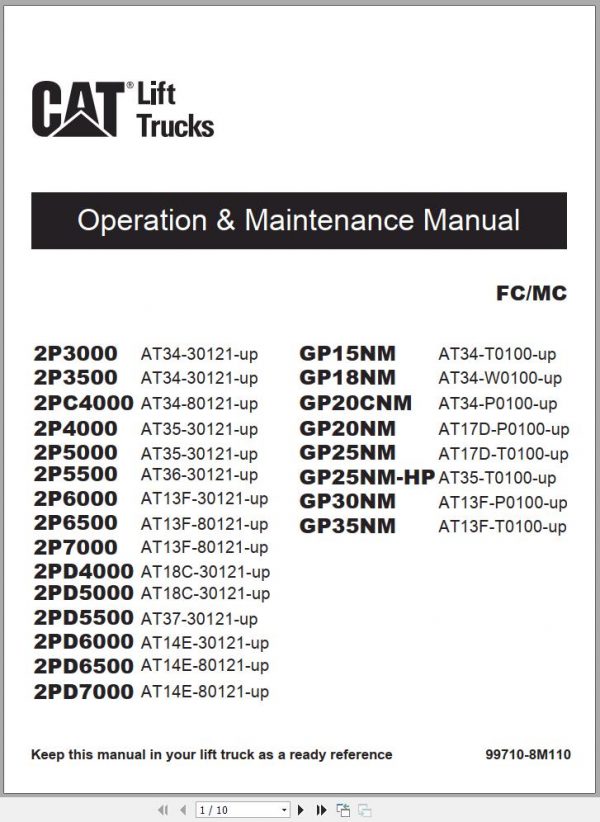 CAT Forklift 2P3000 to GP25NM HP Schematic Operation Maintenance Service Manual EN 1