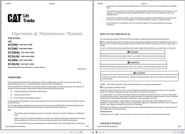 CAT Forklift EC22N2 to EC30LN2 Schematic Operation Maintenance Service Manual EN 1
