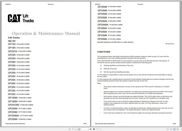 CAT Forklift GP15N to DP35NM Schematic Operation Maintenance Service Manual EN DE ES 1