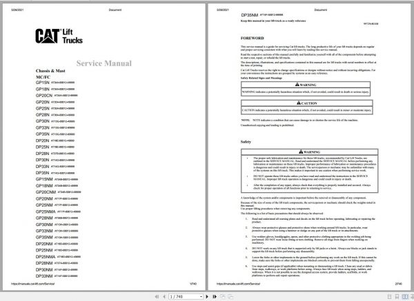 CAT Forklift GP15N to DP35NM Schematic Operation Maintenance Service Manual EN DE ES 2
