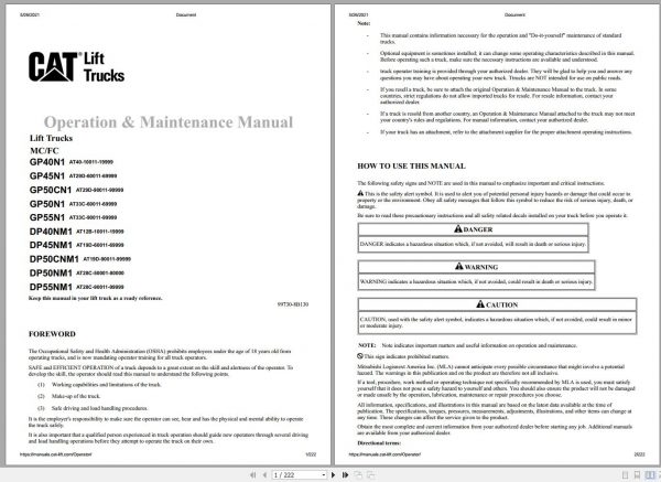 CAT Forklift GP40N1 to DP55NM1 Schematic Operation Maintenance Service Manual EN 2