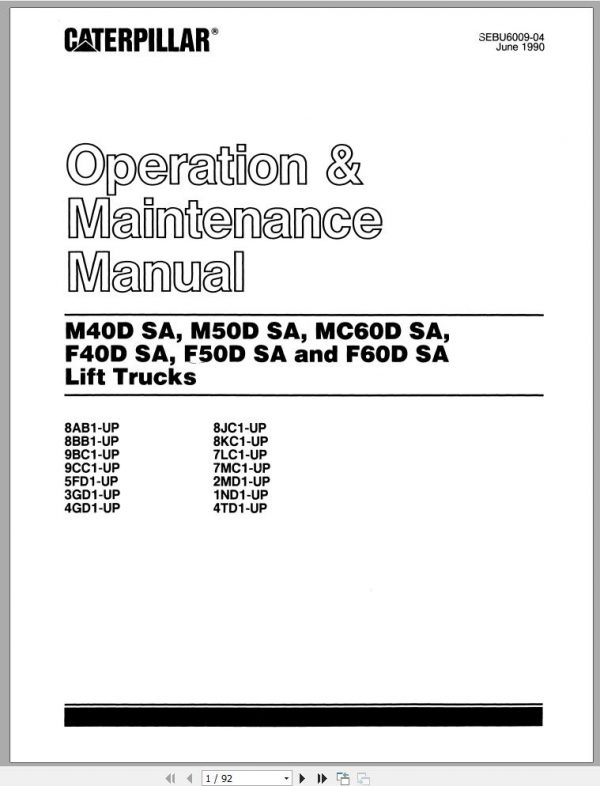 CAT Forklift M40D SA M50D SA MC60D SA F40D SA F50D SA F60D SA Operation Maintenance Service Manual EN 1