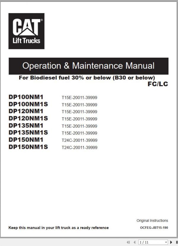 Caterpillar Forklift DP100NM1 DP120NM1 DP135NM1 DP150NM1 Service Operation Maintenance Manual 01 1