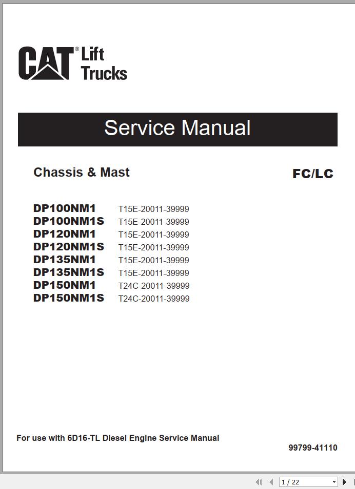 Caterpillar Forklift DP120NM1S DP135NM1S Service Operation Maintenance Manual 01 2