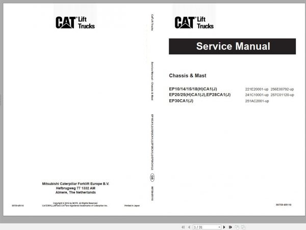 Caterpillar Forklift EP10HCA1J EP30CA1J Service Operation and Maintenance Manual 02 2