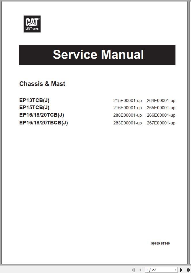 Caterpillar Forklift EP13TCB EP20TBCB Service Operation Maintenance Manual 06 1