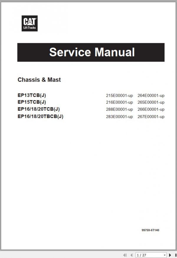 Caterpillar Forklift EP13TCBJ EP20TBCBJ Service Operation Maintenance Manual 06 1