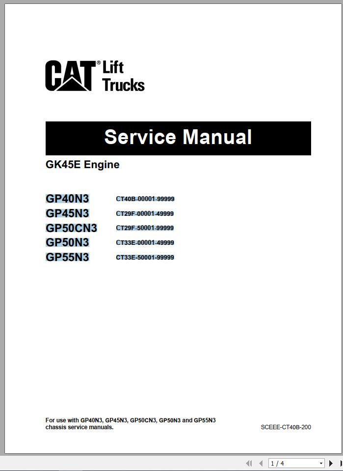 Caterpillar Forklift GP40N3 GP45N3 GP50cN3 GP50N3 GP55N3 GK45E Engine Service Manual 06 1