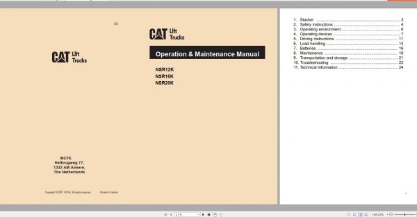 Caterpillar Forklift NSR12K NSR12KI NSR16K NSR16KI NSR20K NSR20KI Service Operation Maintenance Manual 10 2