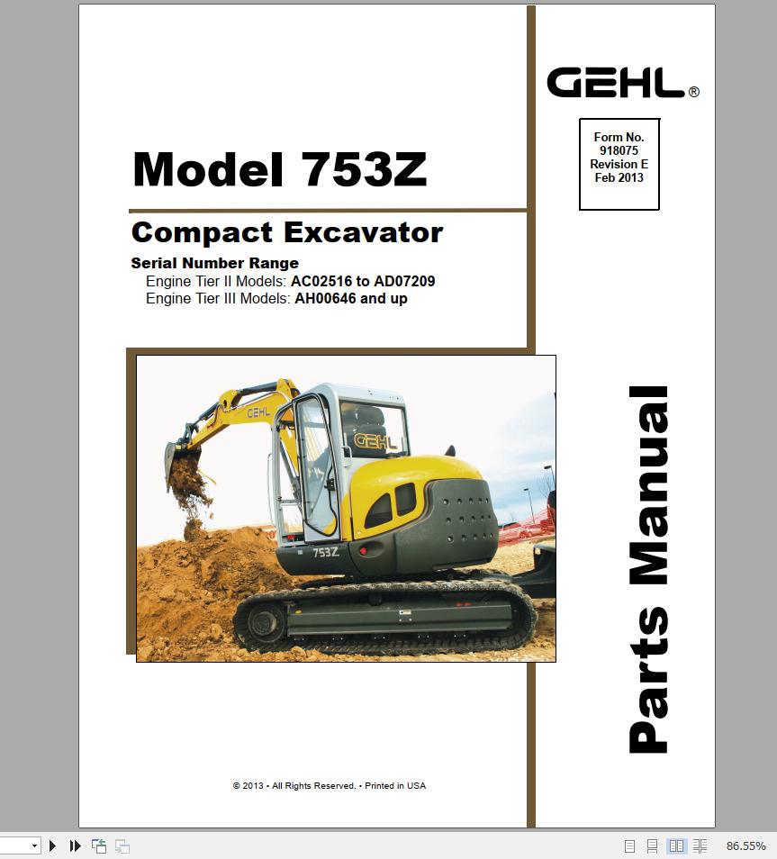 GEHL Heavy Equipment Excavator 2022 PDF Parts Manual
