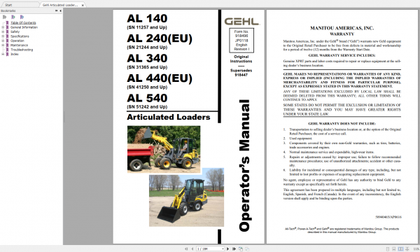 Gehl Heavy Equipment Articulated Loader Updated 2022 PDF Operators Manual 2e479299bc759d143