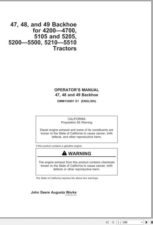 John Deere Backhoe 47 48 49 for 4200 4700 5105 5510 Operators Manual OMM135891 E1 1