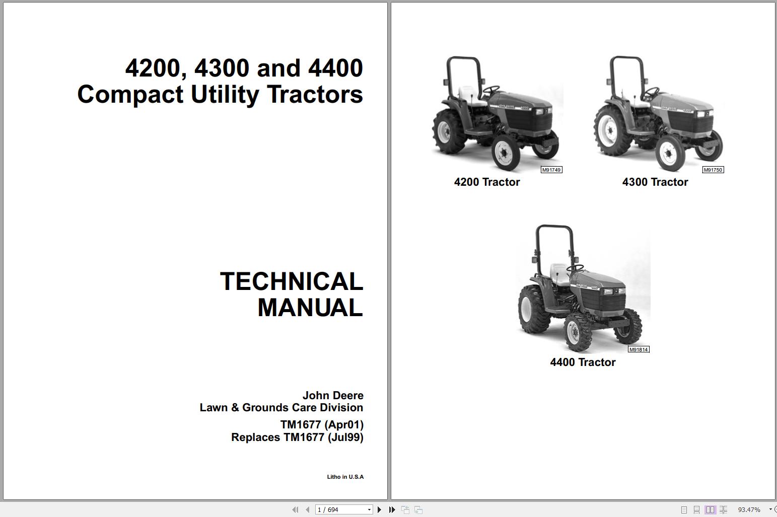 John Deere Compact Utility Tractors 4200 4300 4400 Technical Manual TM1677 04.2001 1