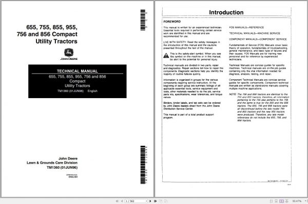 John Deere Compact Utility Tractors 655 755 855 955 756 856 Technical Manual TM1360 1