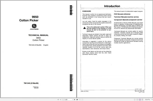 John Deere Cotton Picker 9950 Technical Manual TM1349 1