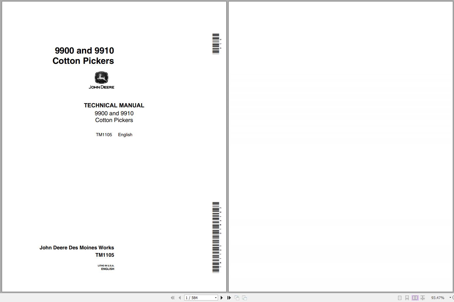 John Deere Cotton Pickers 9900 9910 Technical Manual TM1105 1