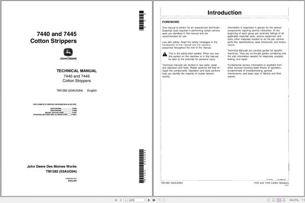 John Deere Cotton Strippers 7440 7445 Technical Manual TM1282 1
