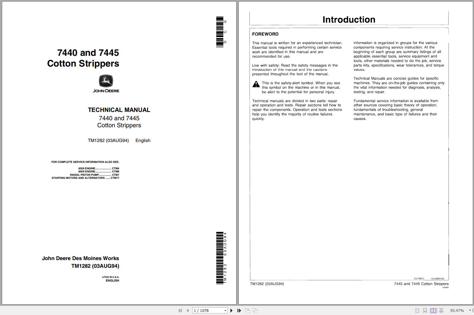 John Deere Cotton Strippers 7440 7445 Technical Manual TM1282 1
