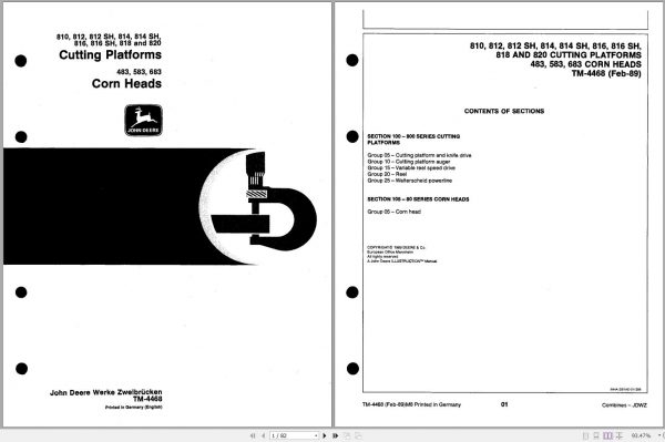 John Deere Cutting Platforms Corn Heads 810SH 820 483 583 683 Technical Manual TM4468 1