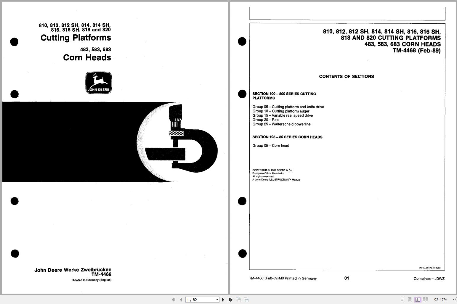 John Deere Cutting Platforms Corn Heads 810SH 820 483 583 683 Technical Manual TM4468 1