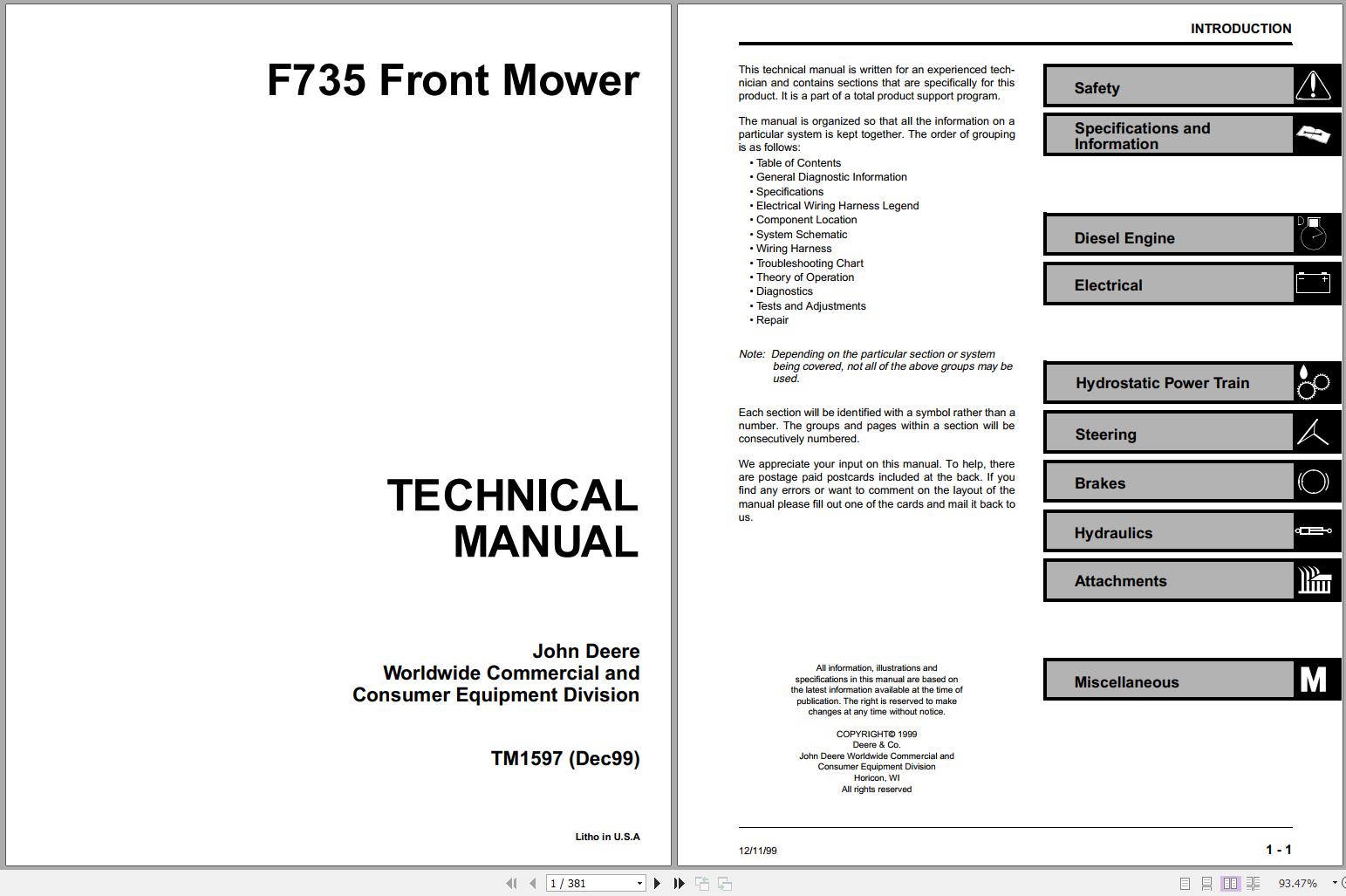 John Deere Front Mower F735 Technical Manual TM1597 1