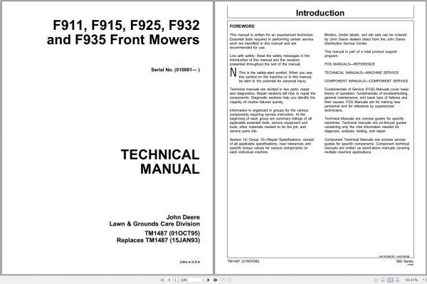 John Deere Front Mowers F911 F915 F925 F932F F935 Technical Manual TM1487 1