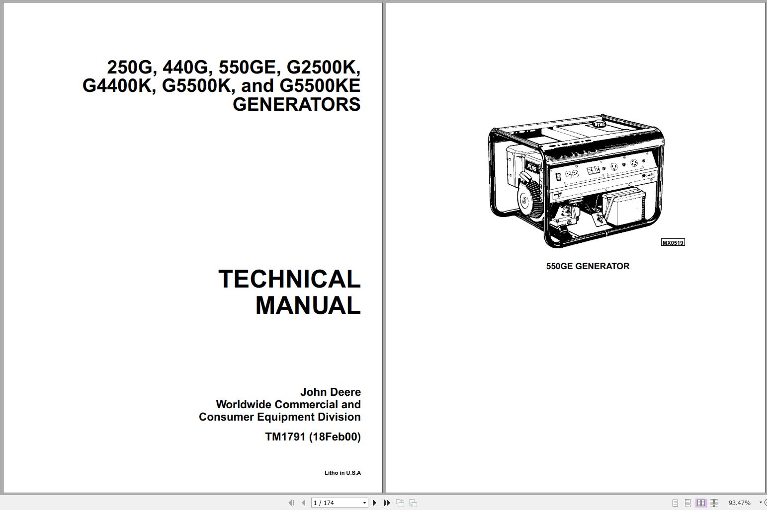 John Deere Generators 250G 440G 550GE G2500K G5500KE Technical Manual TM1791 02.2000