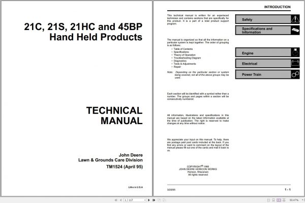 John Deere Hand Held Products 21C 21S 21HC 45BP Technical Manual TM1524 1