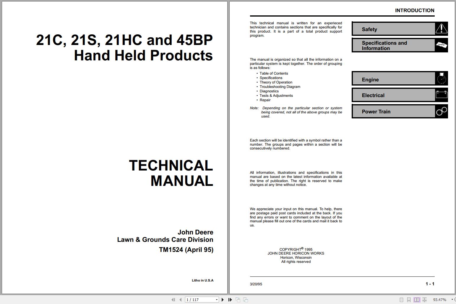John Deere Hand Held Products 21C 21S 21HC 45BP Technical Manual TM1524 1