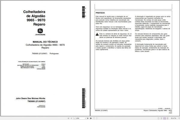 John Deere Harvester Cotton 9965 9970 Technical Manual TM2695 PT 1