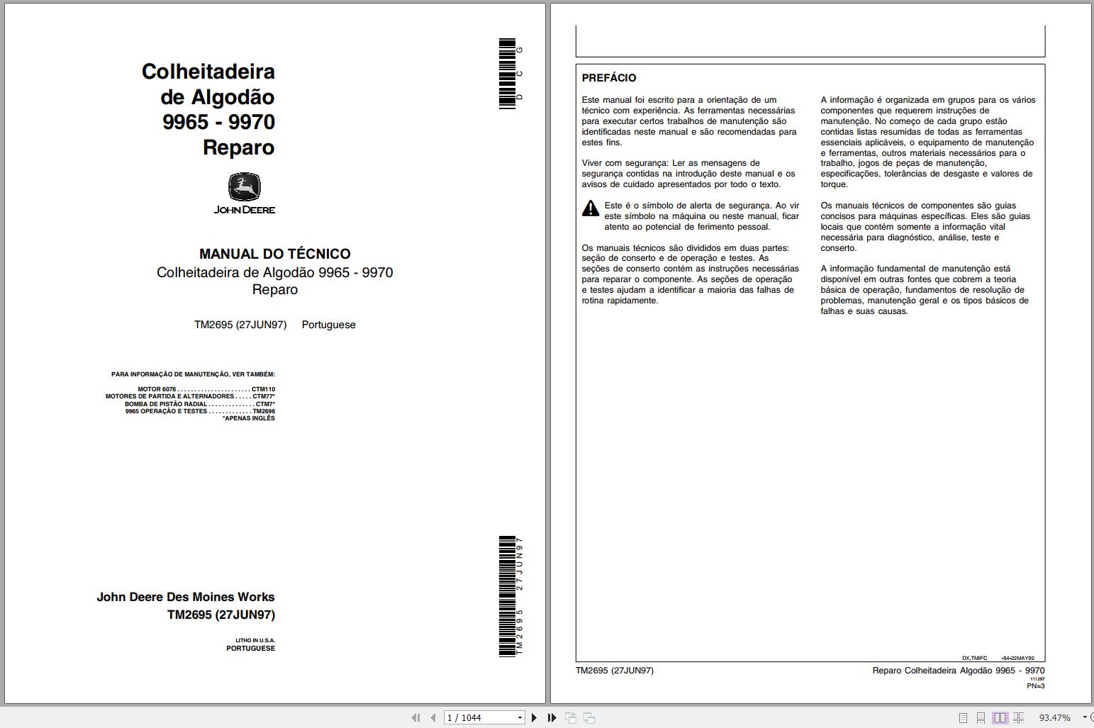 John Deere Harvester Cotton 9965 9970 Technical Manual TM2695 PT 1