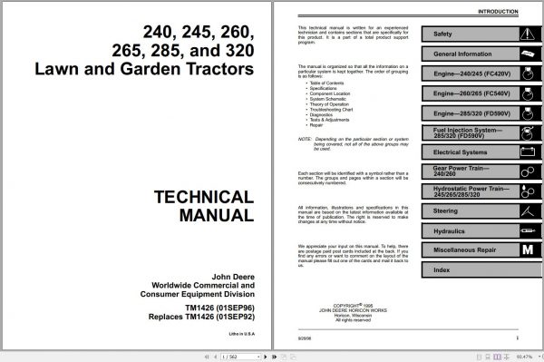 John Deere Lawn Garden Tractors 240 245 260 265 285 320 Technical Manual TM1426 1