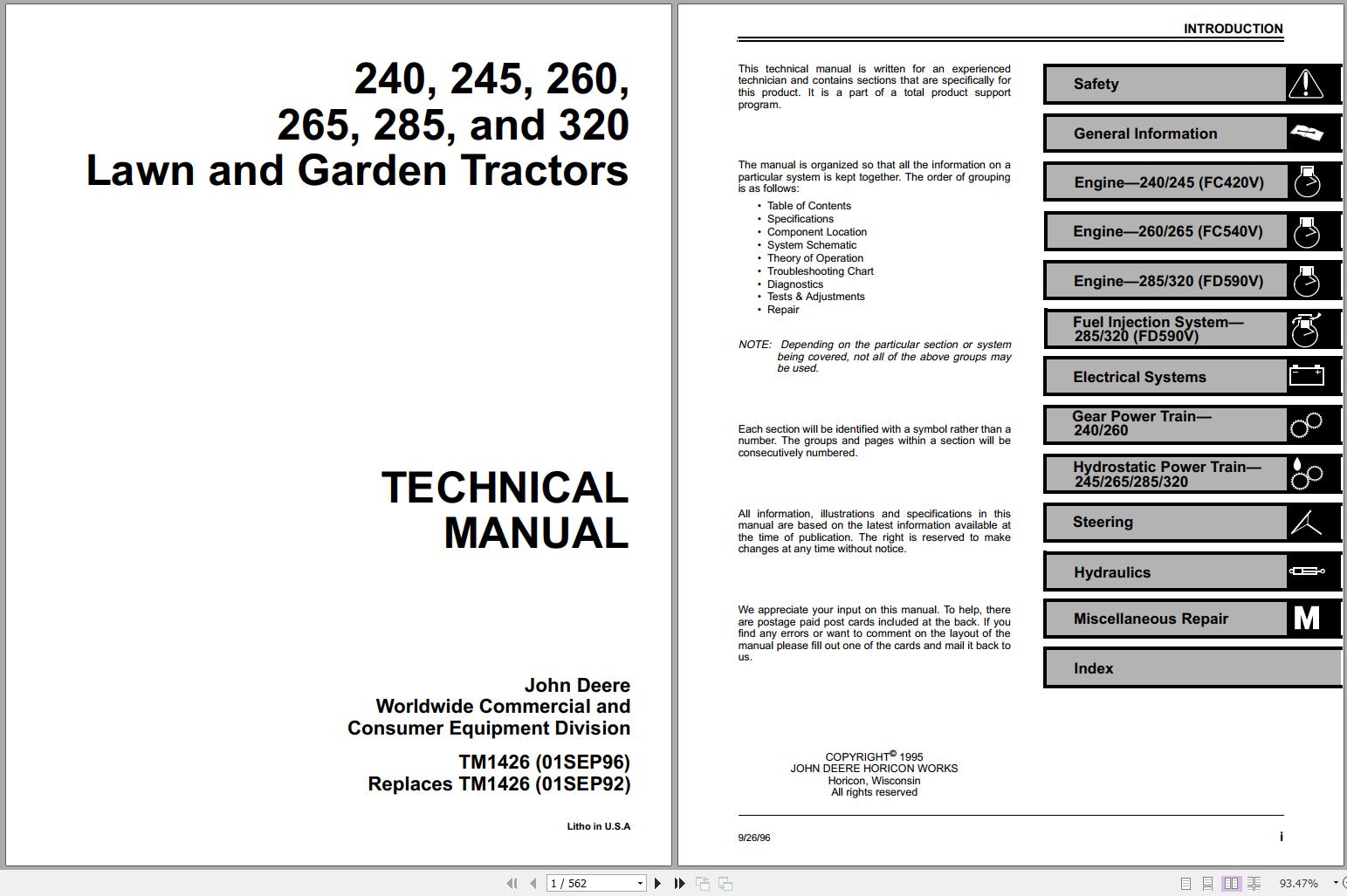 John Deere Lawn Garden Tractors 240 245 260 265 285 320 Technical Manual TM1426 1