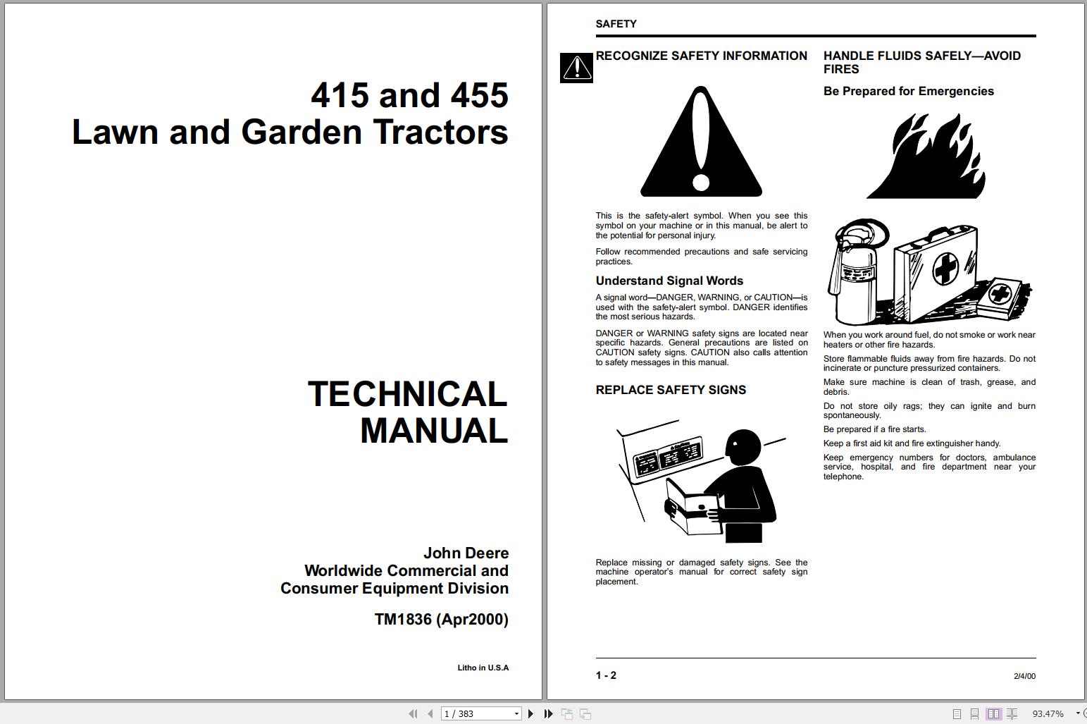 John Deere Lawn Garden Tractors 415 455 Technical Manual TM1836 04.2000 1