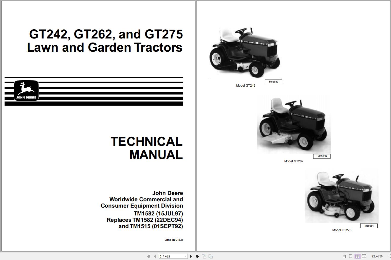 John Deere Lawn & Garden Tractors GT242 GT262 GT275 Technical Manual