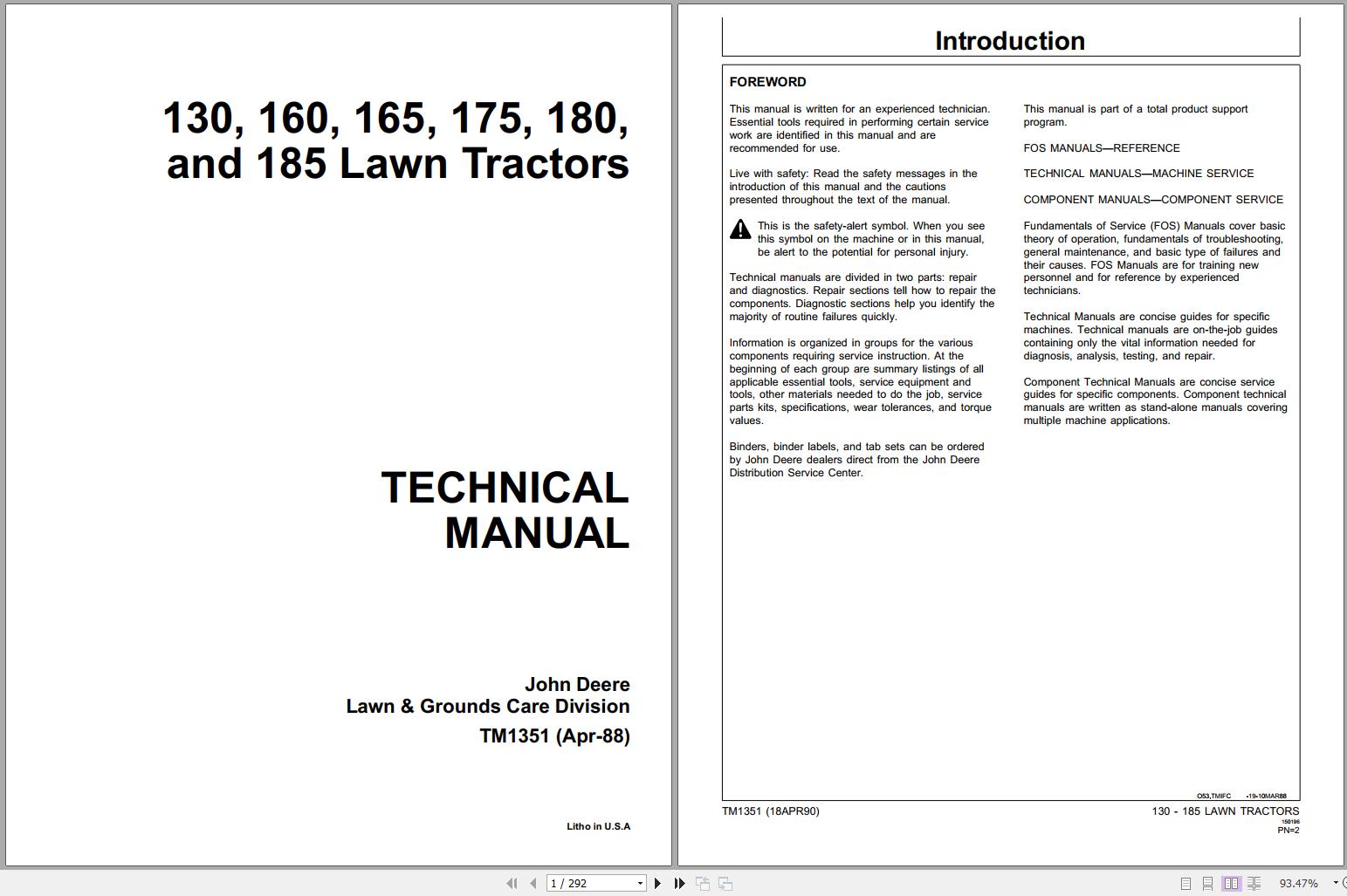 John Deere Lawn Tractors 130 160 165 175 180 185 Technical Manual TM1351 1