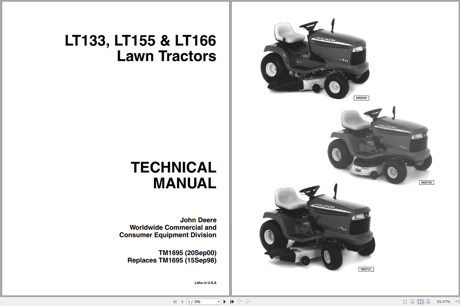 John Deere Lawn Tractors LT133 LT155 LR166 Technical Manual TM1695 09.2000 1