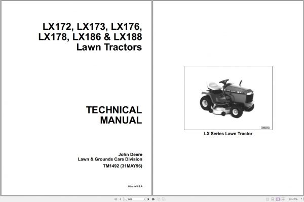 John Deere Lawn Tractors LX172 LX188 Technical Manual TM1492 1