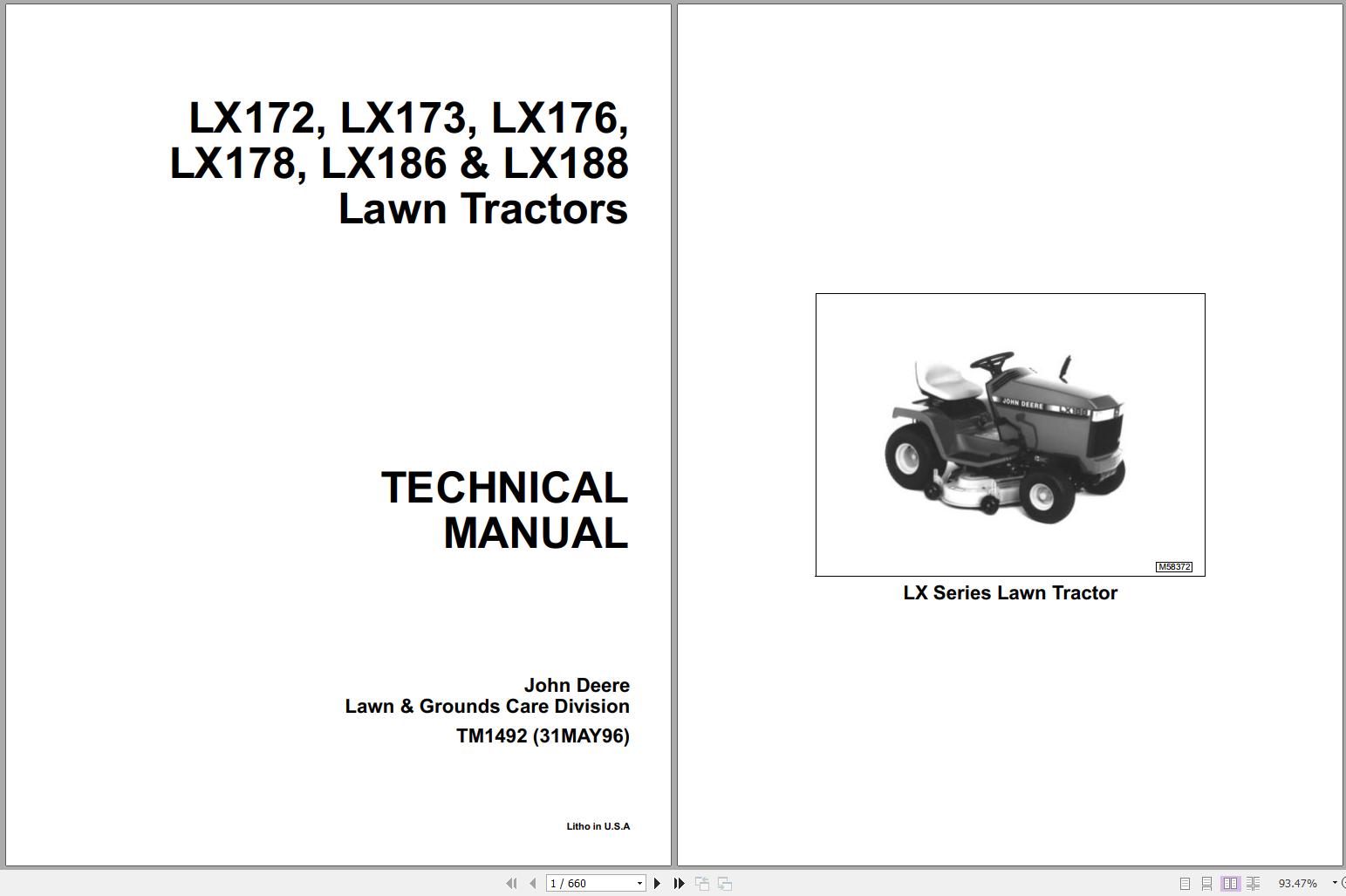 John Deere Lawn Tractors LX172 LX188 Technical Manual TM1492