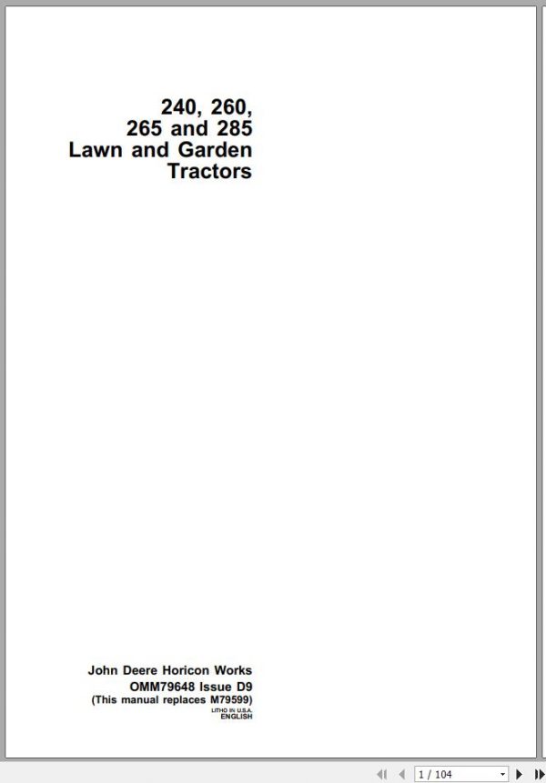 John Deere Lawn and Garden Tractor 240 260 265 285 Operators Manual OMM79648 D9 1