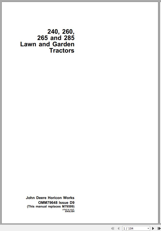 John Deere Lawn and Garden Tractor 240 260 265 285 Operators Manual OMM79648 D9 1