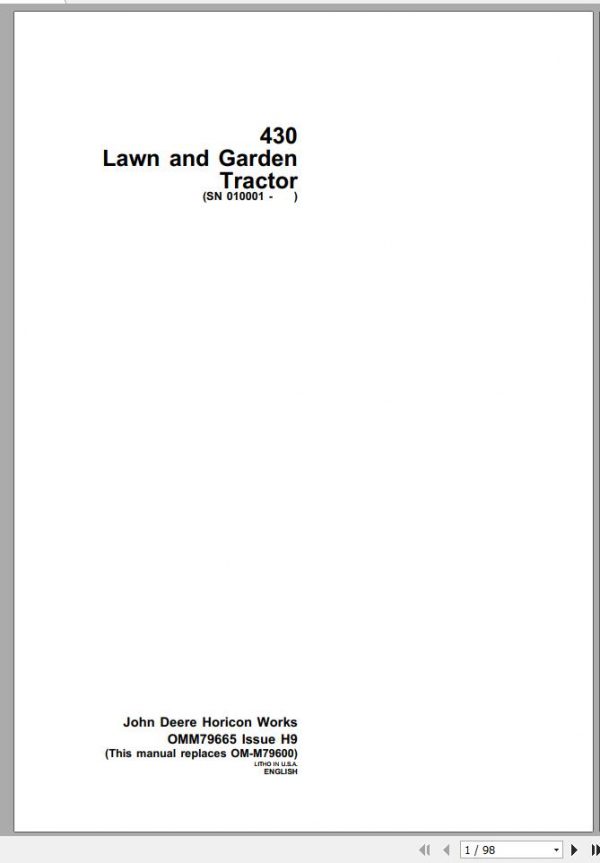 John Deere Lawn and Garden Tractor 430 SN 010001 Operators Manual OMM79665 H9 1