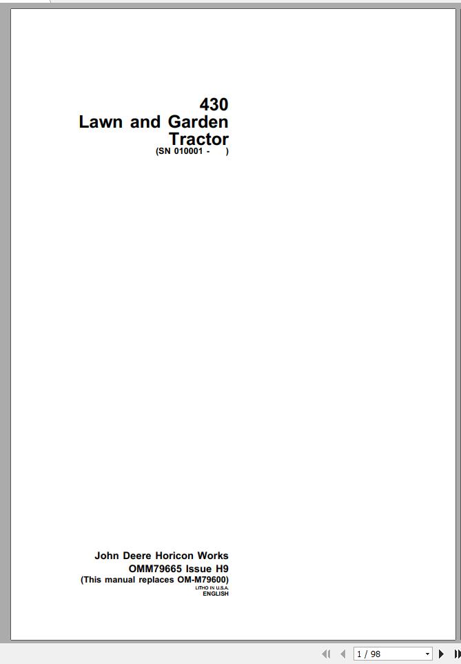 John Deere Lawn and Garden Tractor 430 SN 010001 Operators Manual OMM79665 H9 1