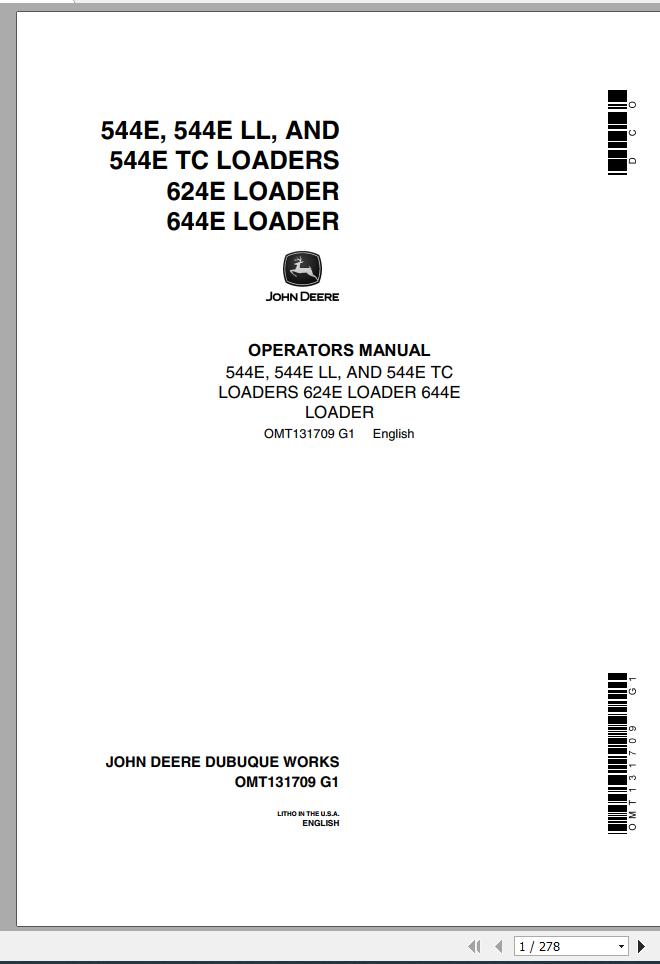 John Deere Loader 544E 644E Operators Manual OMT131709 G1 1