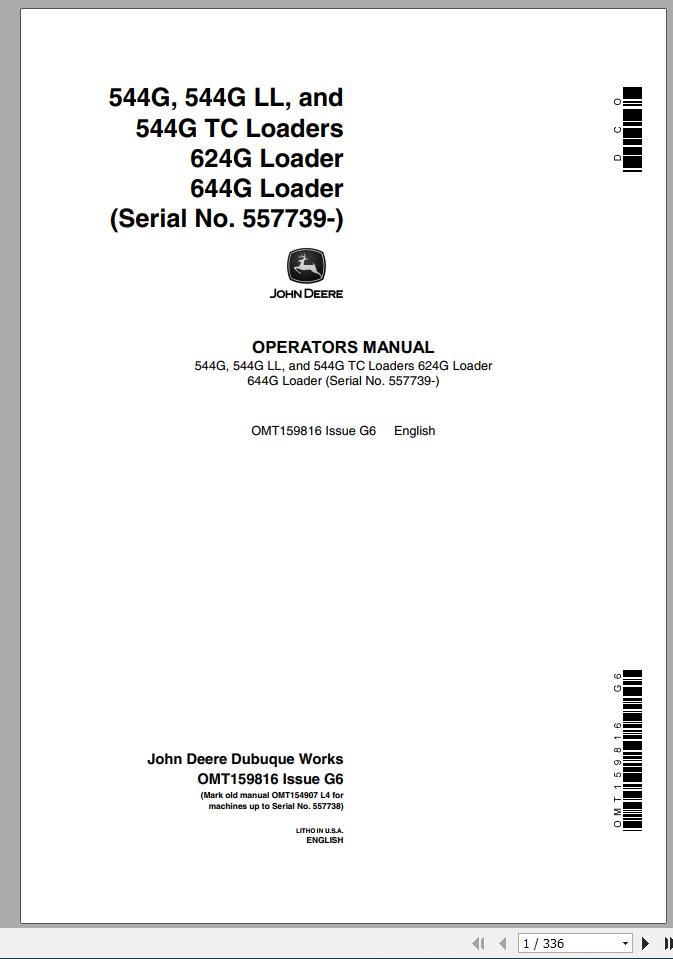 John Deere Loader 544G 644G SN 557739 Operators Manual OMT159816 G6 1
