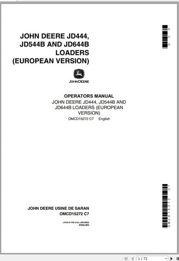 John Deere Loader JD444 JD544B JD644B Operators Manual OMCD15272 C7 1