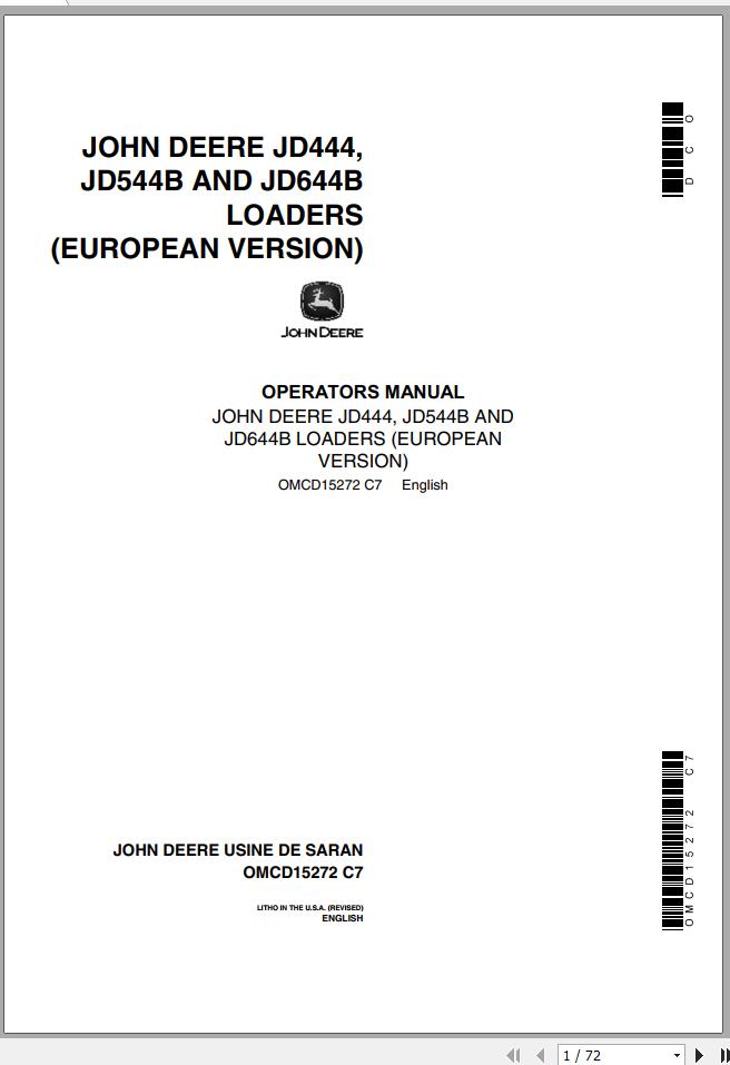 John Deere Loader JD444 JD544B JD644B Operators Manual OMCD15272 C7 1