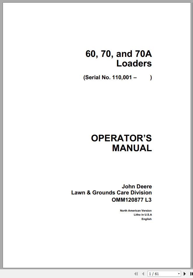 John Deere Loaders 60 70 70A Operators Manual OMM120877 L3 1